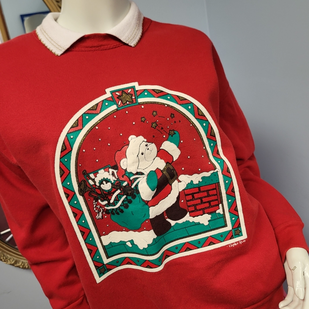🎅 Vintage Santa Teddy Bear sweatshirt pullover petite L Christmas vtg